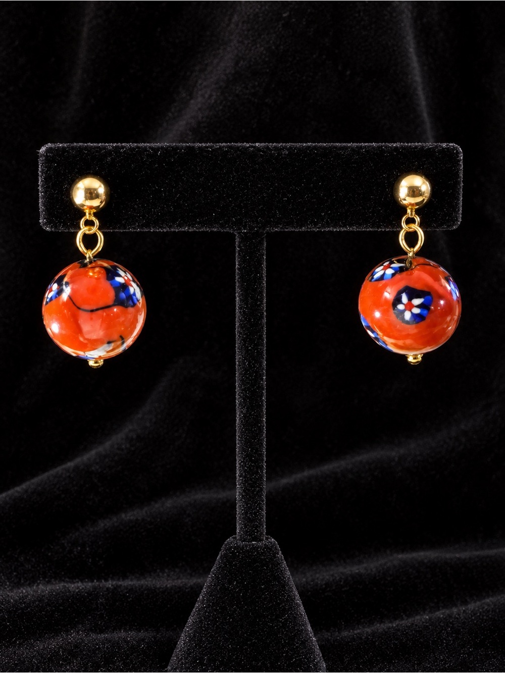Orange and Blue Glass or Ceramic Drop Earrings with Tiny White Flowers